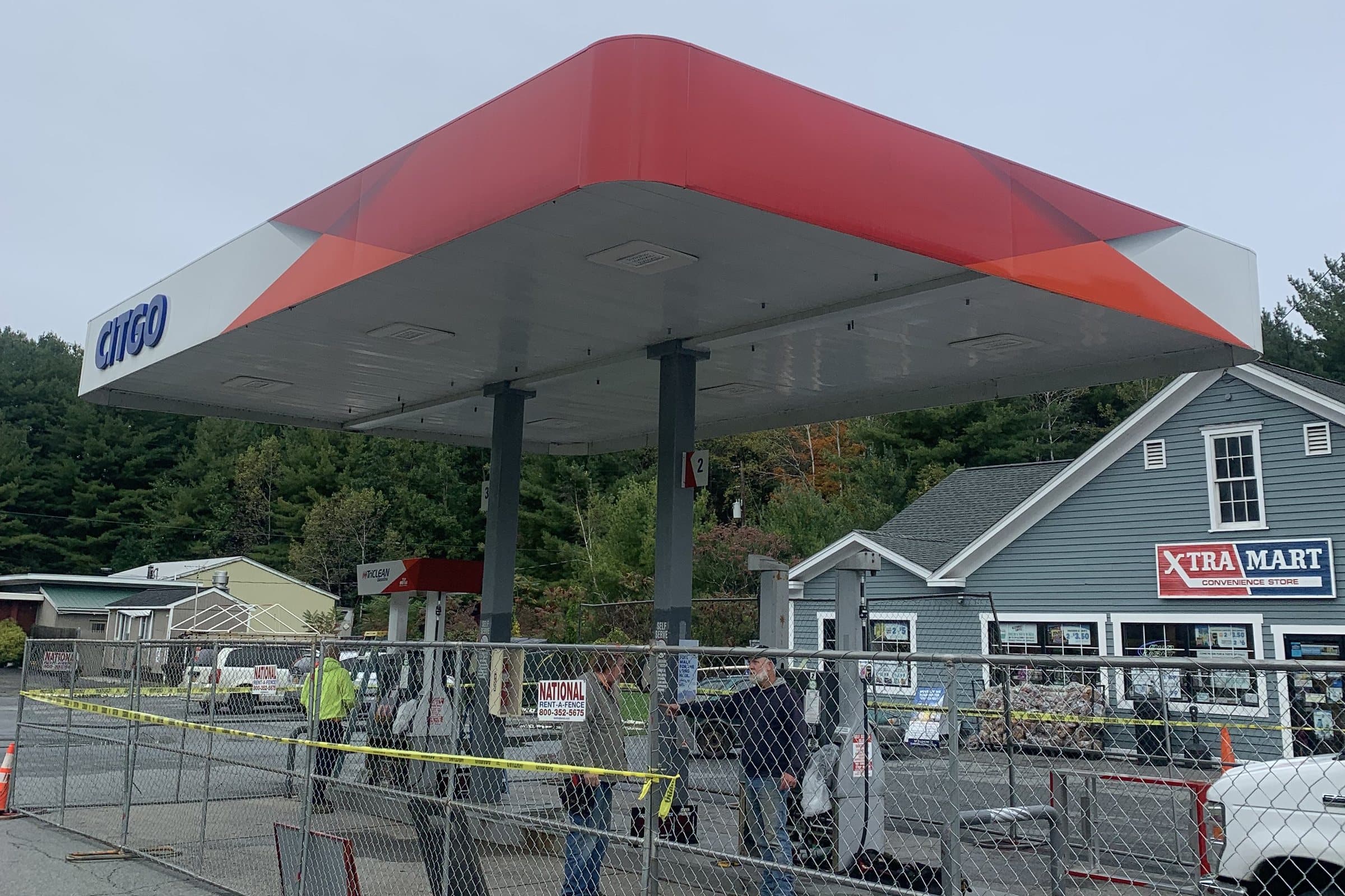Service-station canopy and fueling area during construction.
