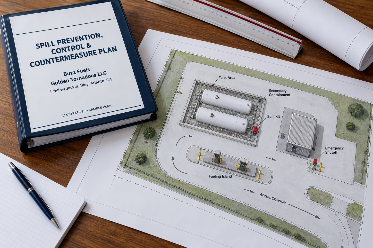 Illustrative SPCC plan binder and conceptual tank containment site layout.