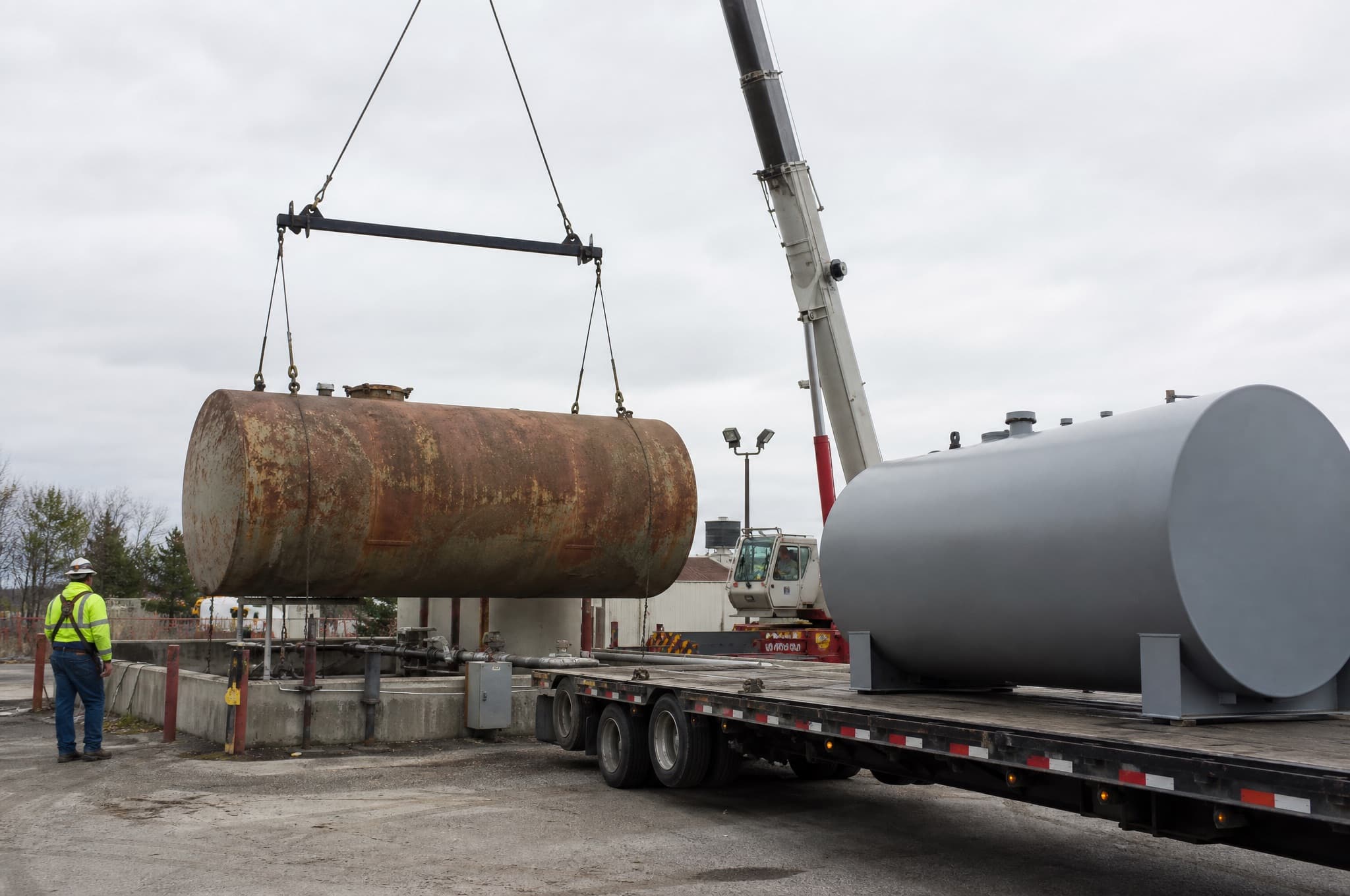 Crew setting a replacement double-wall storage tank at a fuel-system upgrade